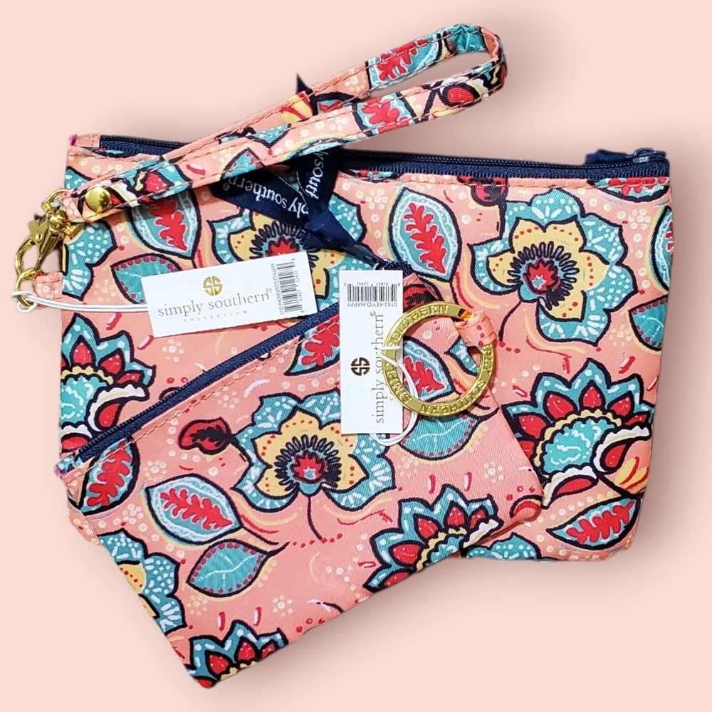 Simply Southern Coral and Navy Floral Set Key Ring ID And Wristlet Pouch NWT
